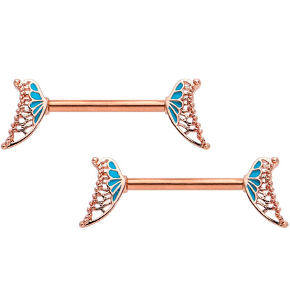 14G 9/16 Rose Gold Tone Blue Butterfly Wing Nipple Ring Set
