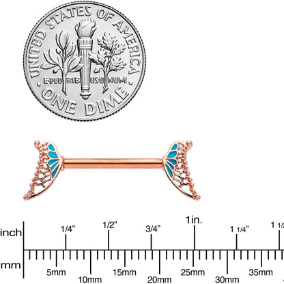 14G 9/16 Rose Gold Tone Blue Butterfly Wing Nipple Ring Set