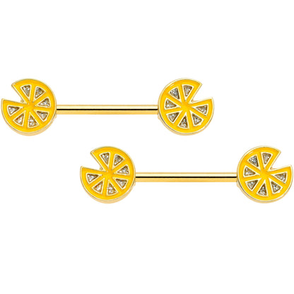 14G 9/16 Gold Tone Tasty Orange Fruit Barbell Nipple Ring Set