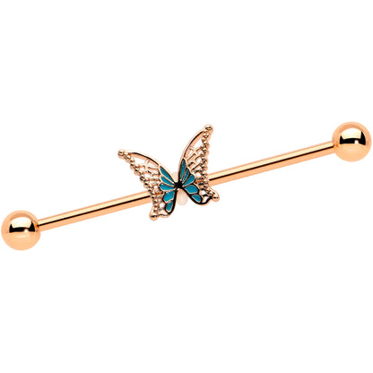 14G Rose Gold Tone Bit of Blue Butterfly Industrial Barbell 38mm