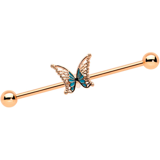 14G Rose Gold Tone Bit of Blue Butterfly Industrial Barbell 38mm