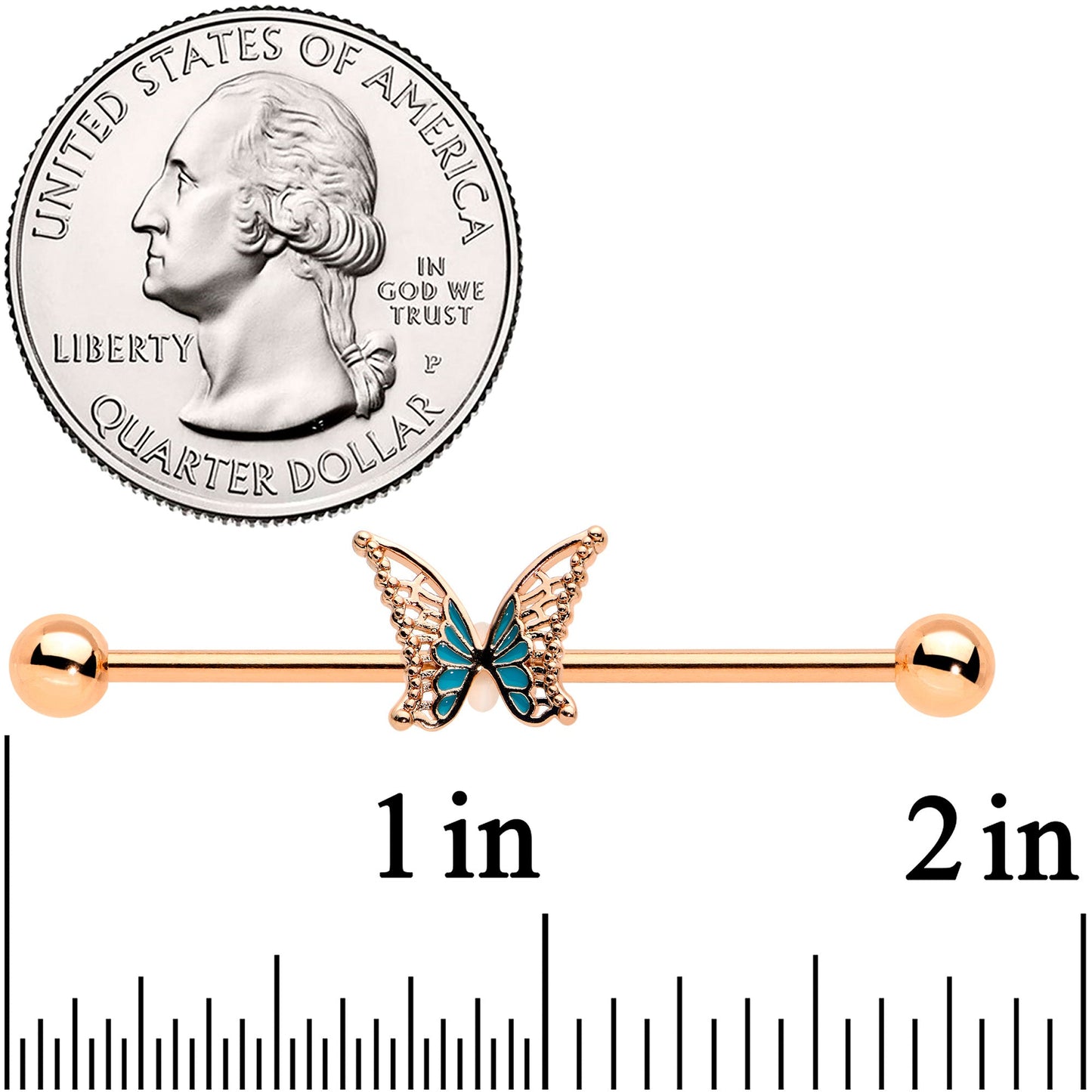 14G Rose Gold Tone Bit of Blue Butterfly Industrial Barbell 38mm