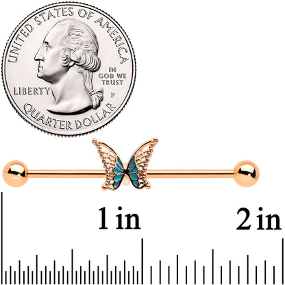 14G Rose Gold Tone Bit of Blue Butterfly Industrial Barbell 38mm