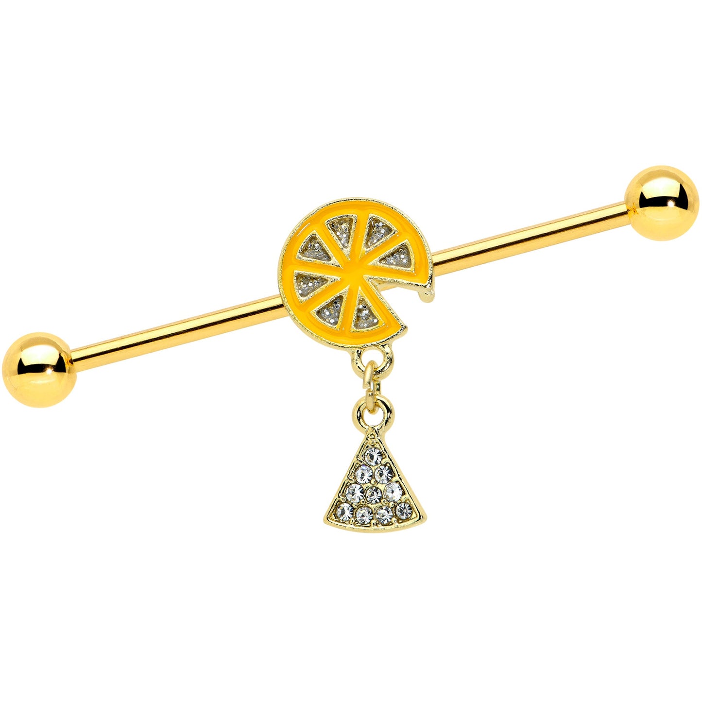 14G Gold Tone Orange Fruit Dangle Industrial Barbell 38mm