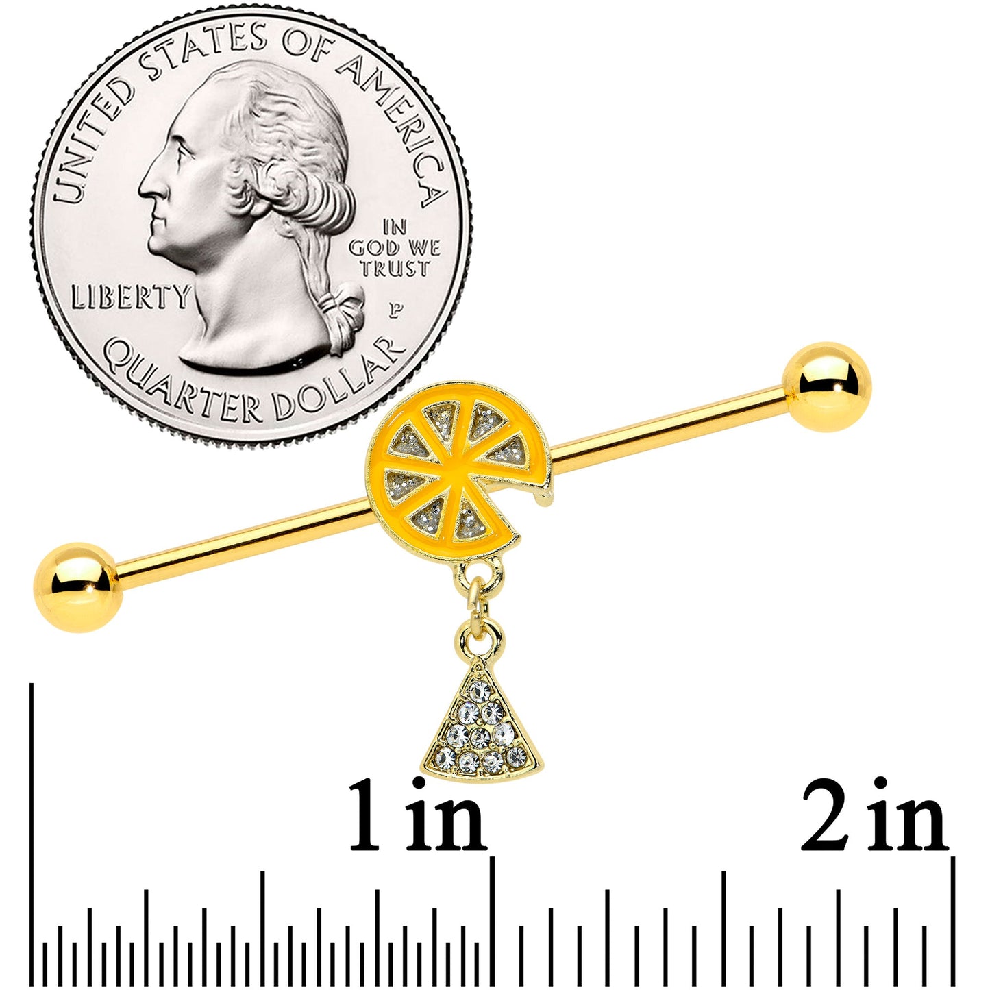 14G Gold Tone Orange Fruit Dangle Industrial Barbell 38mm