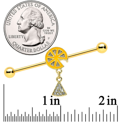 14G Gold Tone Orange Fruit Dangle Industrial Barbell 38mm