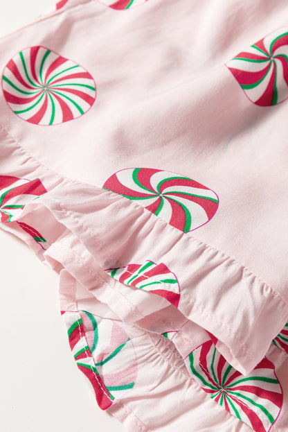 Pink Christmas Candy Contrast Trim Bow Knot Silky 2pcs Pajama Set - Jaico Online Shop
