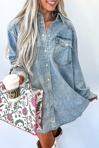 Beau Blue Chest Pocket Raw Hem Denim Loose Shirt Dress - Jaico Online Shop