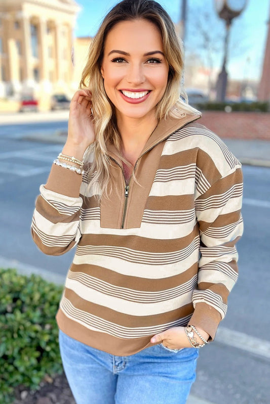 Khaki Stripe Zip Collar Patchwork Vintage Fashion Sweatshirt - Jaico Online Shop