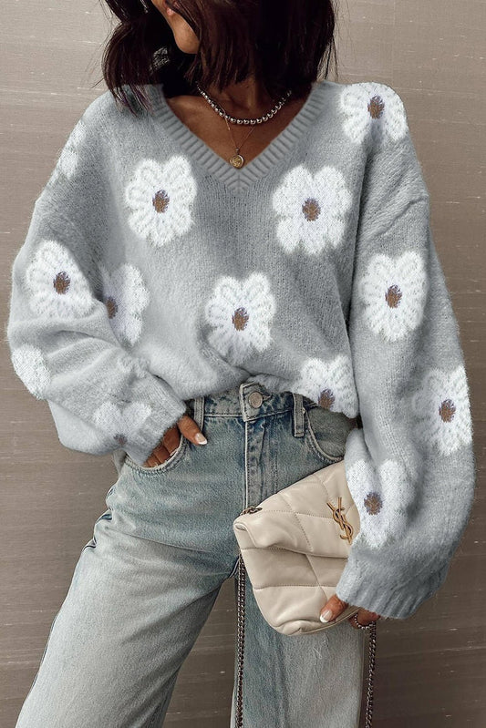 Gray Cute Flower Print V Neck Drop Shoulder Baggy Sweater - Jaico Online Shop