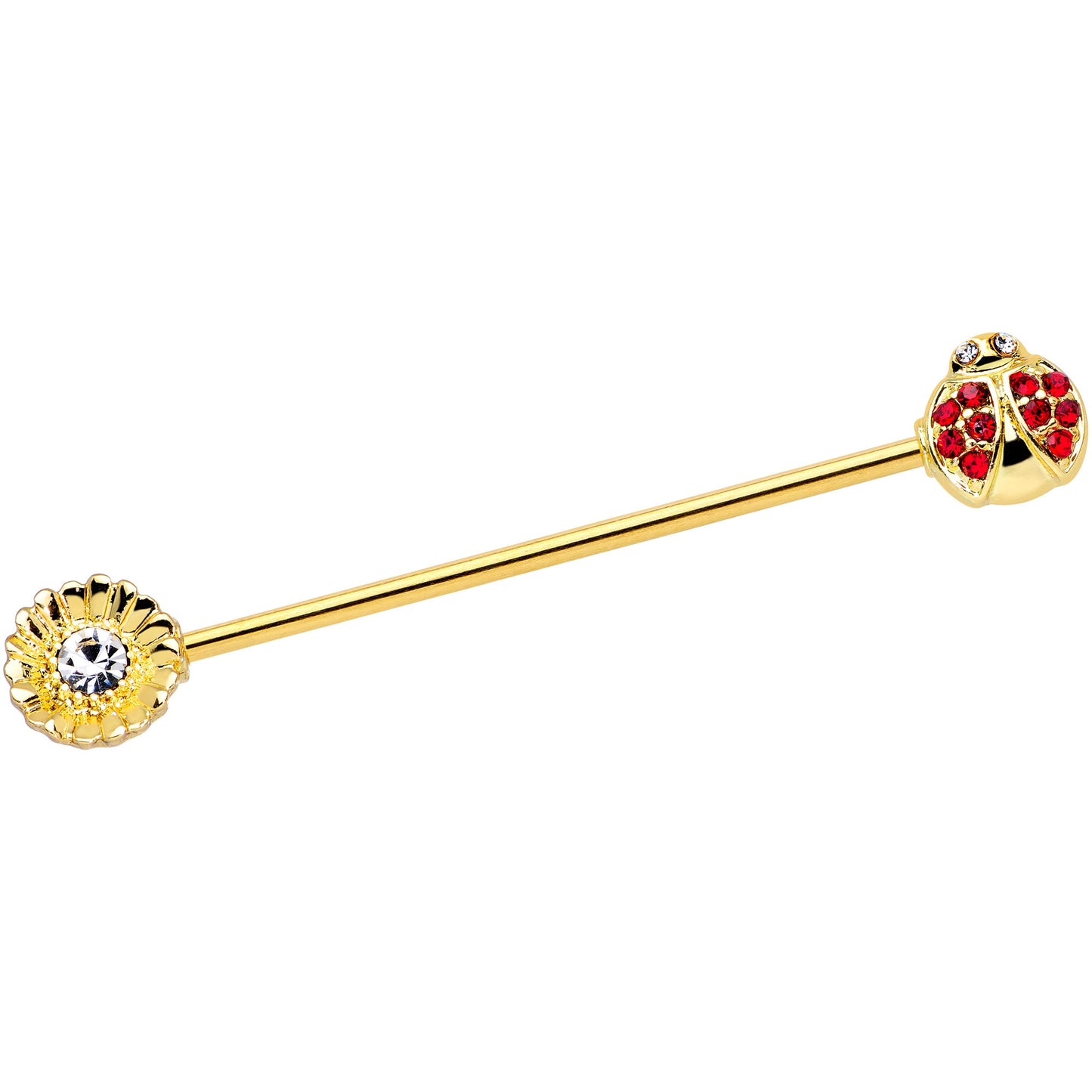 14G Red Gem Gold Tone Ladybug Flower Industrial Barbell 38mm
