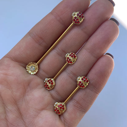 14G 9/16 Clear Red Gem Gold Tone Ladybug Barbell Nipple Ring Set