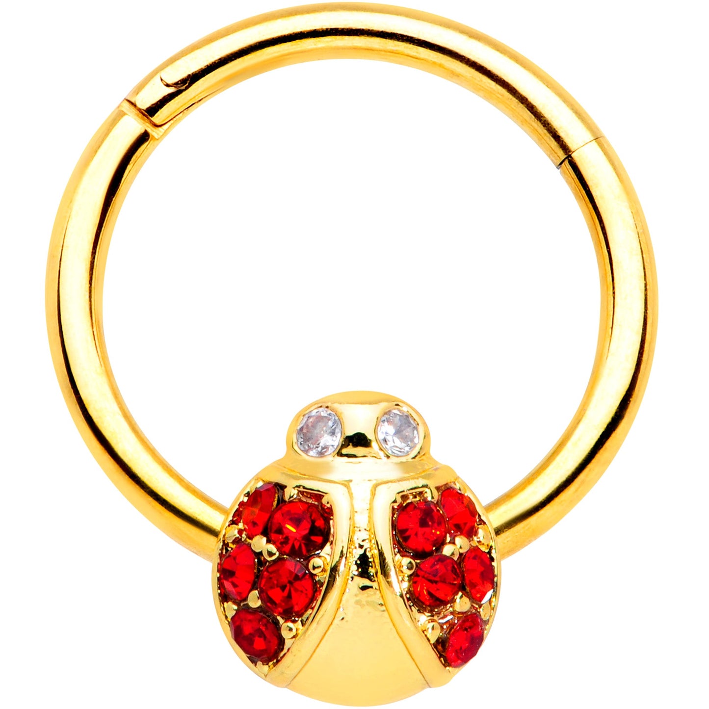 16G 3/8 Red Gem Gold Tone Ladybug Hinged Segment Ring