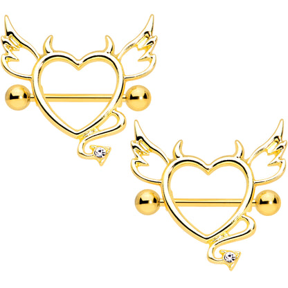 14G 9/16 Clear Gem Gold Tone Devil Heart Nipple Shield Set