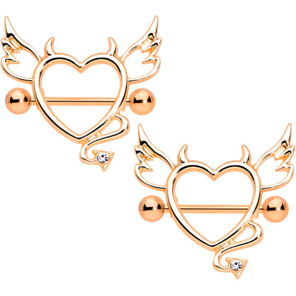 14G 9/16 Clear Gem Rose Gold Tone Devil Heart Nipple Shield Set