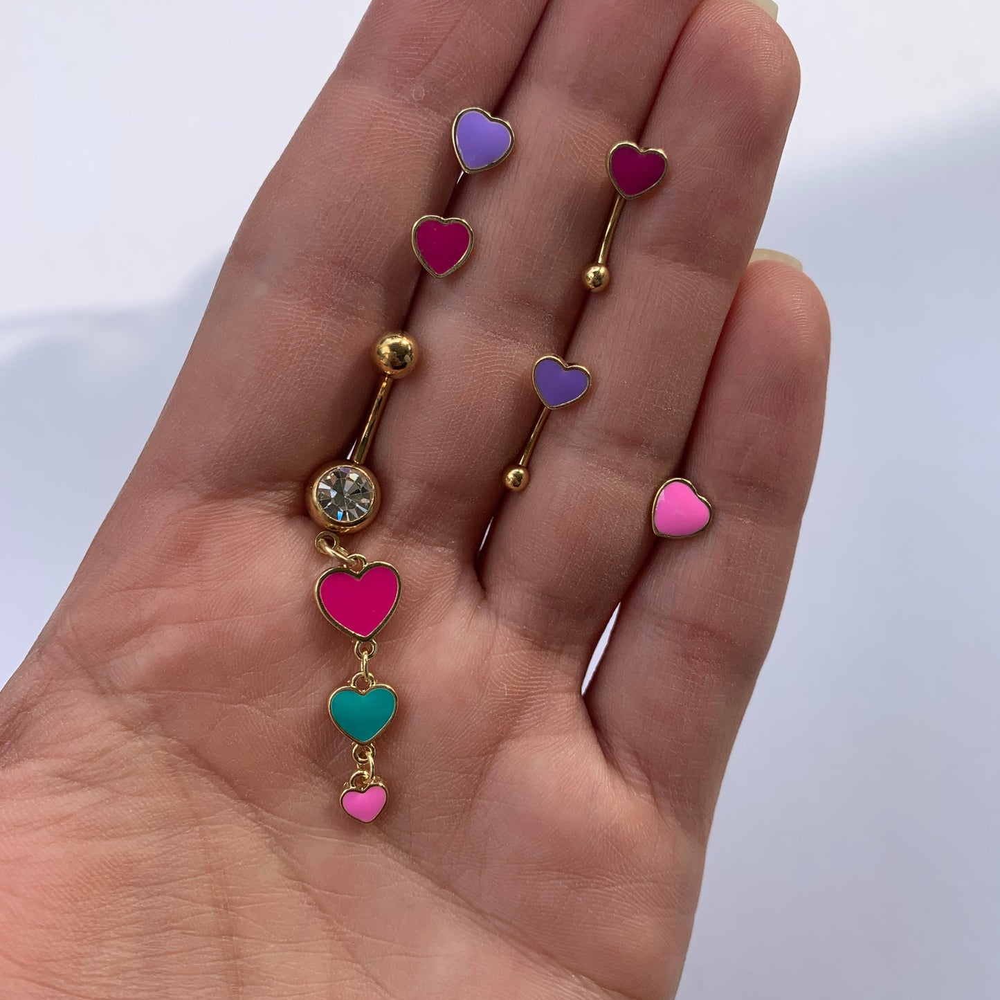 Clear Gem Gold Tone Red Pink Heart Valentines Day Dangle Belly Ring