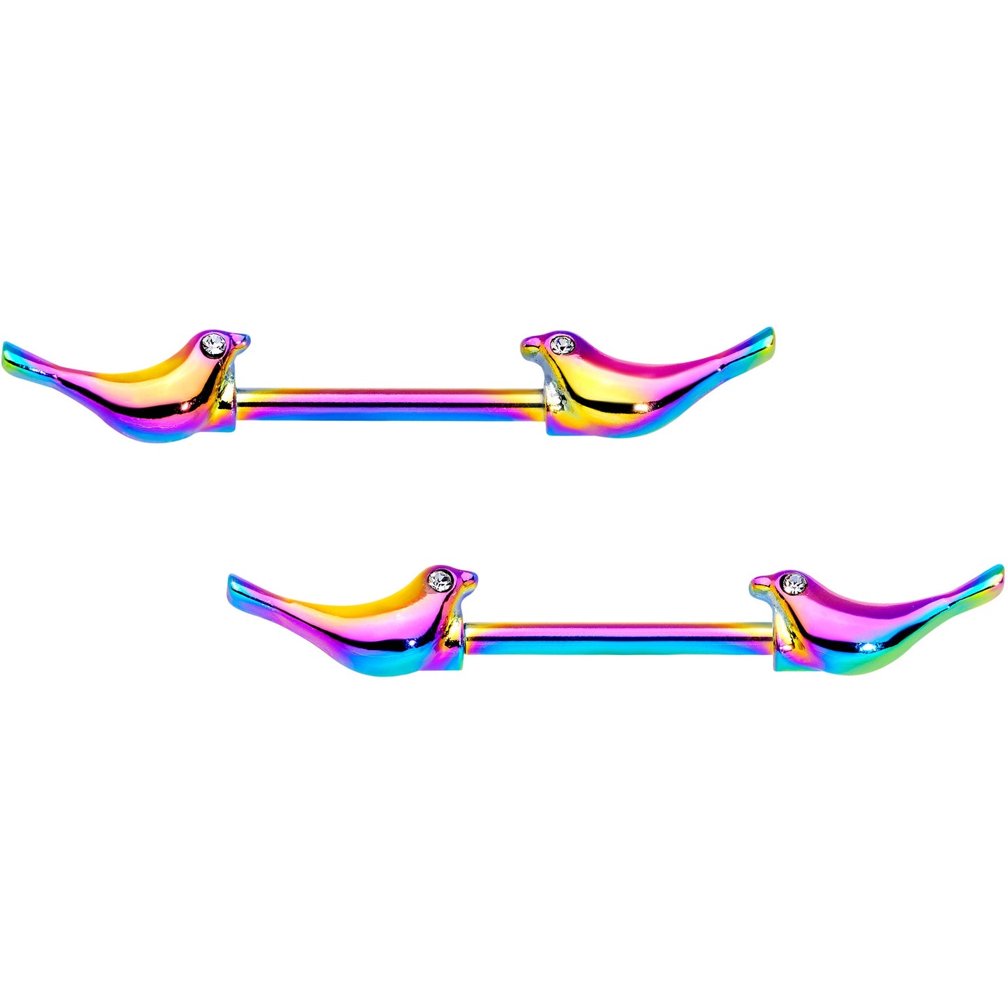 14G 9/16 Clear Gem Rainbow Bird Barbell Nipple Ring Set