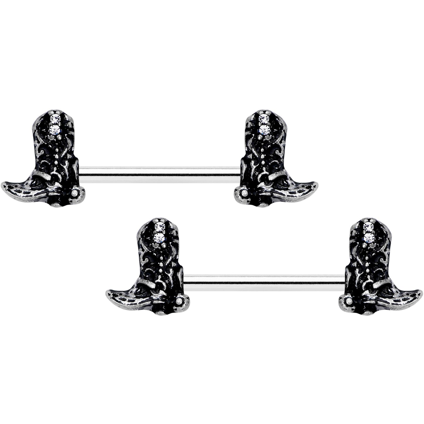 14G 9/16 Clear Gem Cowboy Boot Barbell Nipple Ring Set