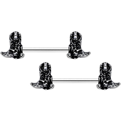 14G 9/16 Clear Gem Cowboy Boot Barbell Nipple Ring Set