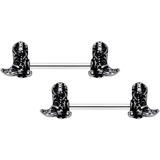 14G 9/16 Clear Gem Cowboy Boot Barbell Nipple Ring Set