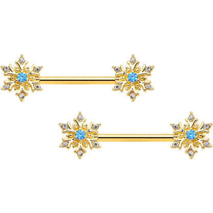 14G 9/16 Blue CZ Gem Gold Tone Snowflake Barbell Nipple Ring Set