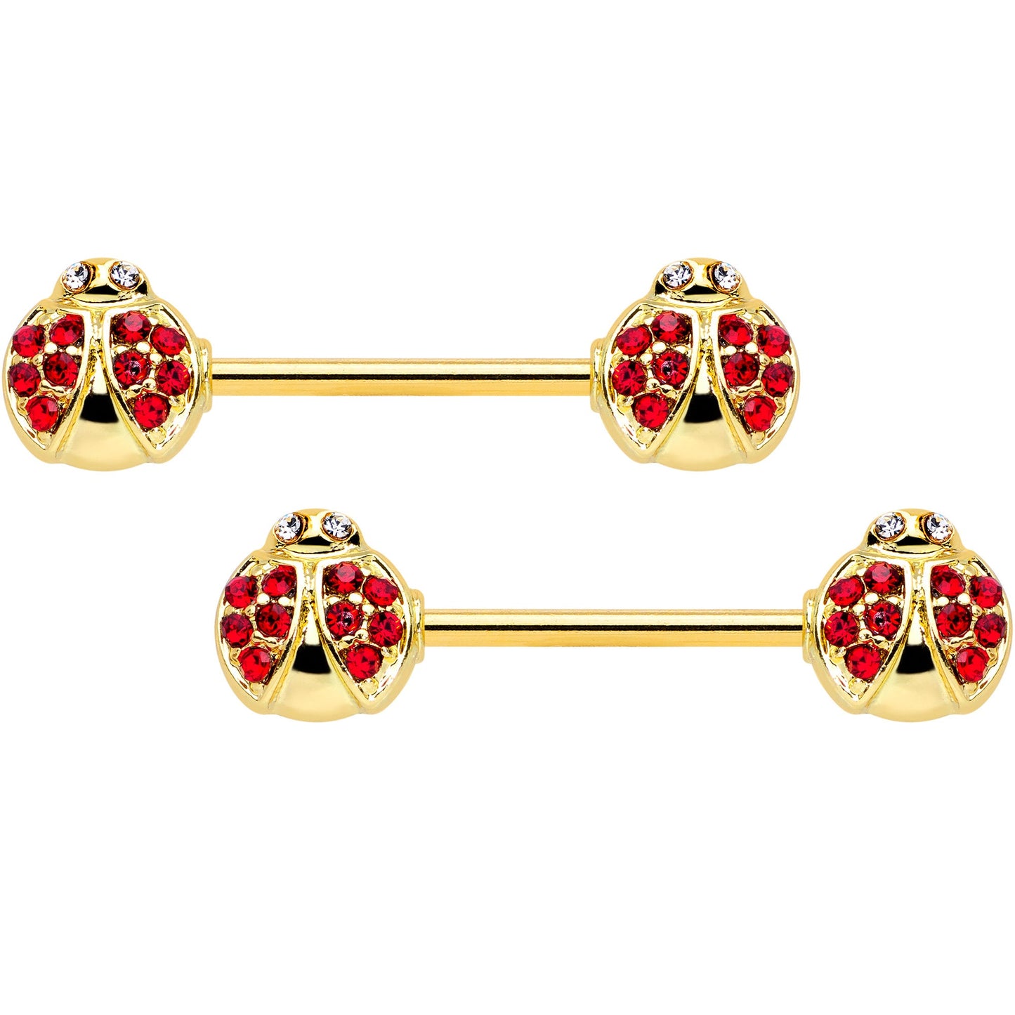 14G 9/16 Clear Red Gem Gold Tone Ladybug Barbell Nipple Ring Set
