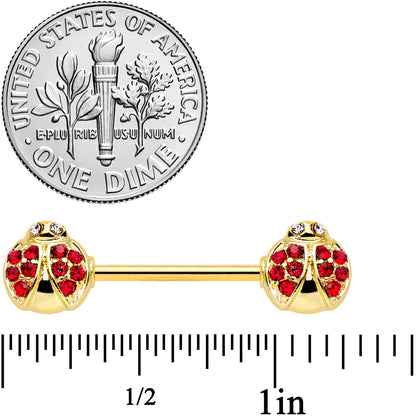 14G 9/16 Clear Red Gem Gold Tone Ladybug Barbell Nipple Ring Set