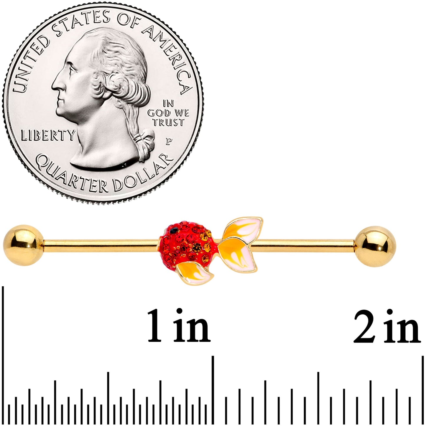 14G Red Gem Gold Tone Blowfish Industrial Barbell 38mm