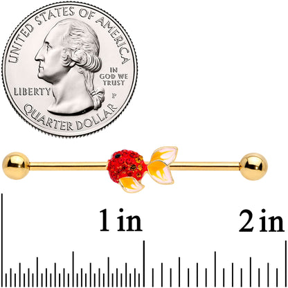 14G Red Gem Gold Tone Blowfish Industrial Barbell 38mm
