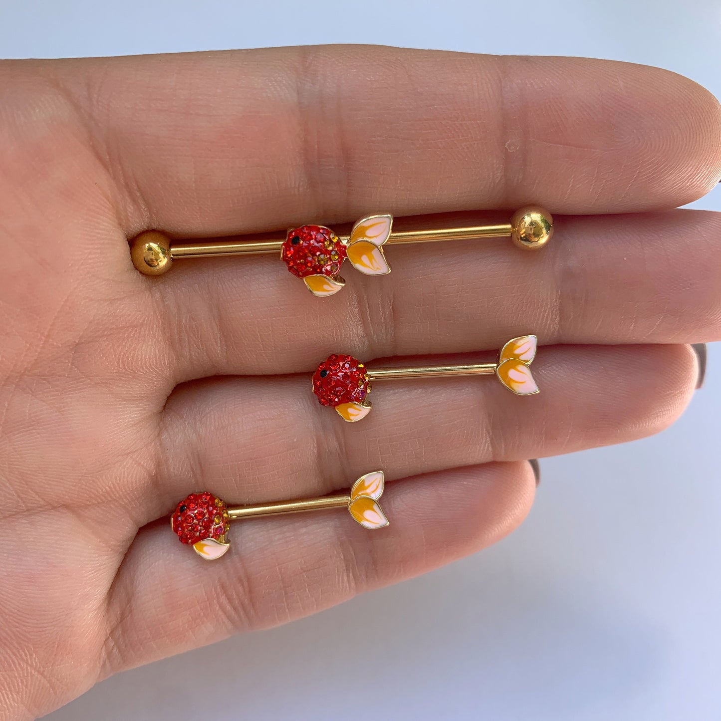 14G Red Gem Gold Tone Blowfish Industrial Barbell 38mm