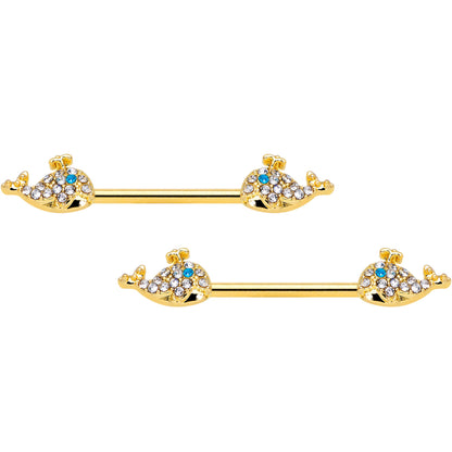 14G 5/8 Blue CZ Gem Gold Tone Whale Barbell Nipple Ring Set