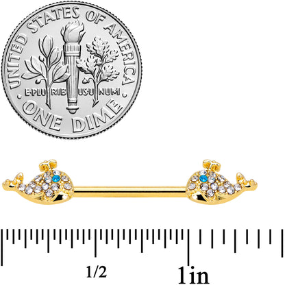 14G 5/8 Blue CZ Gem Gold Tone Whale Barbell Nipple Ring Set