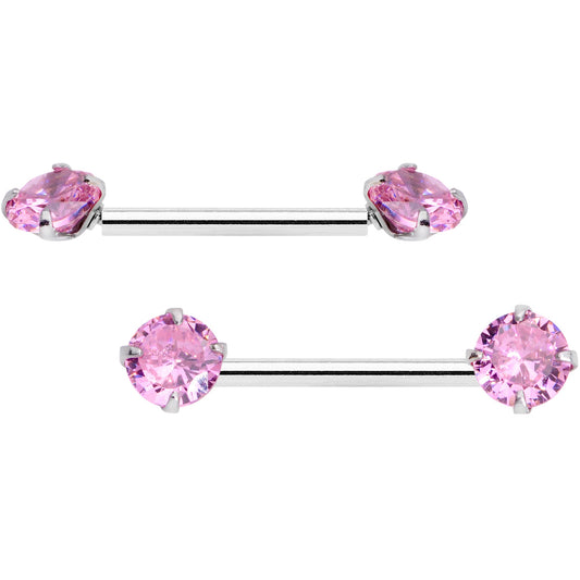 14G 9/16 Pink CZ Gem Threadless Barbell Nipple Ring Set