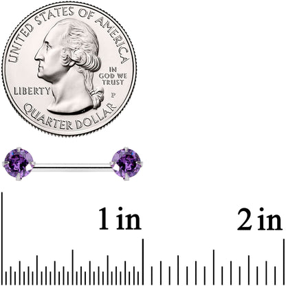 14G 9/16 Purple CZ Gem Threadless Barbell Nipple Ring Set