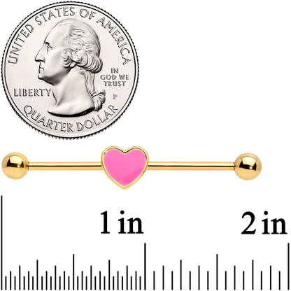 14G Gold Tone Pink Heart Industrial Barbell 38mm