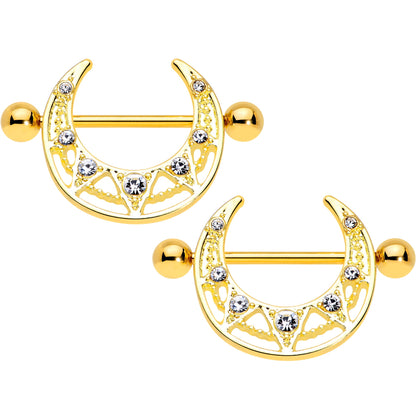 14G 5/8 Clear Gem Gold Tone Open Crescent Nipple Shield Set