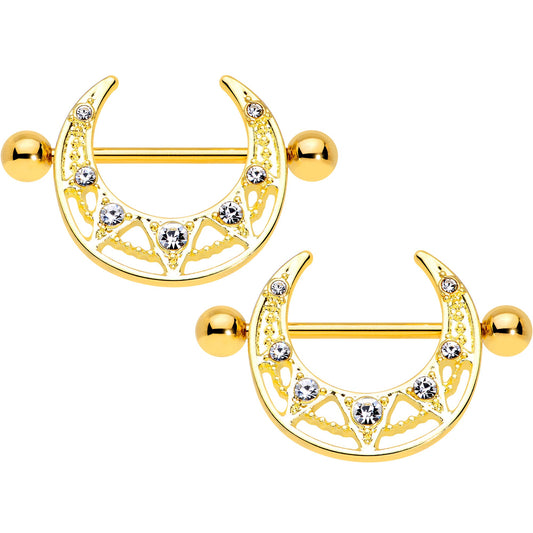 14G 5/8 Clear Gem Gold Tone Open Crescent Nipple Shield Set