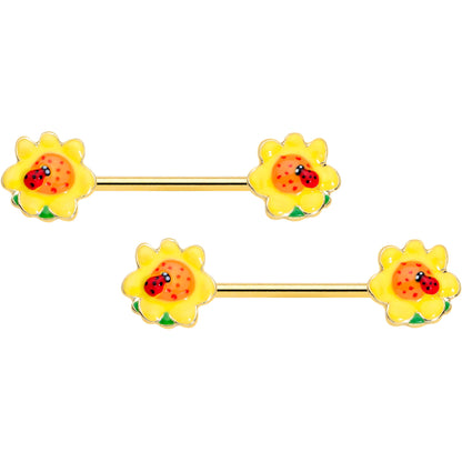 14G 5/8 Gold Tone Sunny Flower Ladybug Barbell Nipple Ring Set