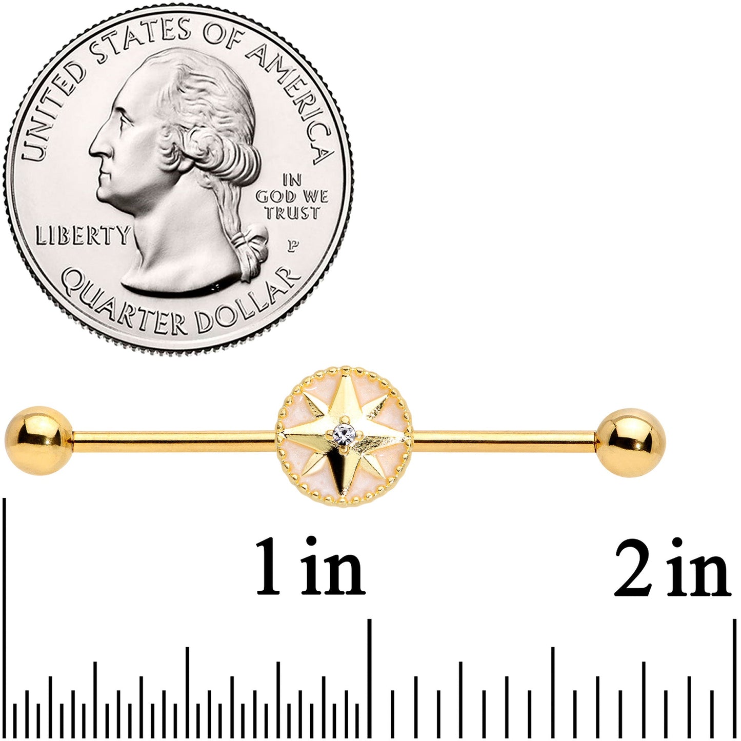 14G Clear Gem Gold Tone Sailors Compass Industrial Barbell 38mm