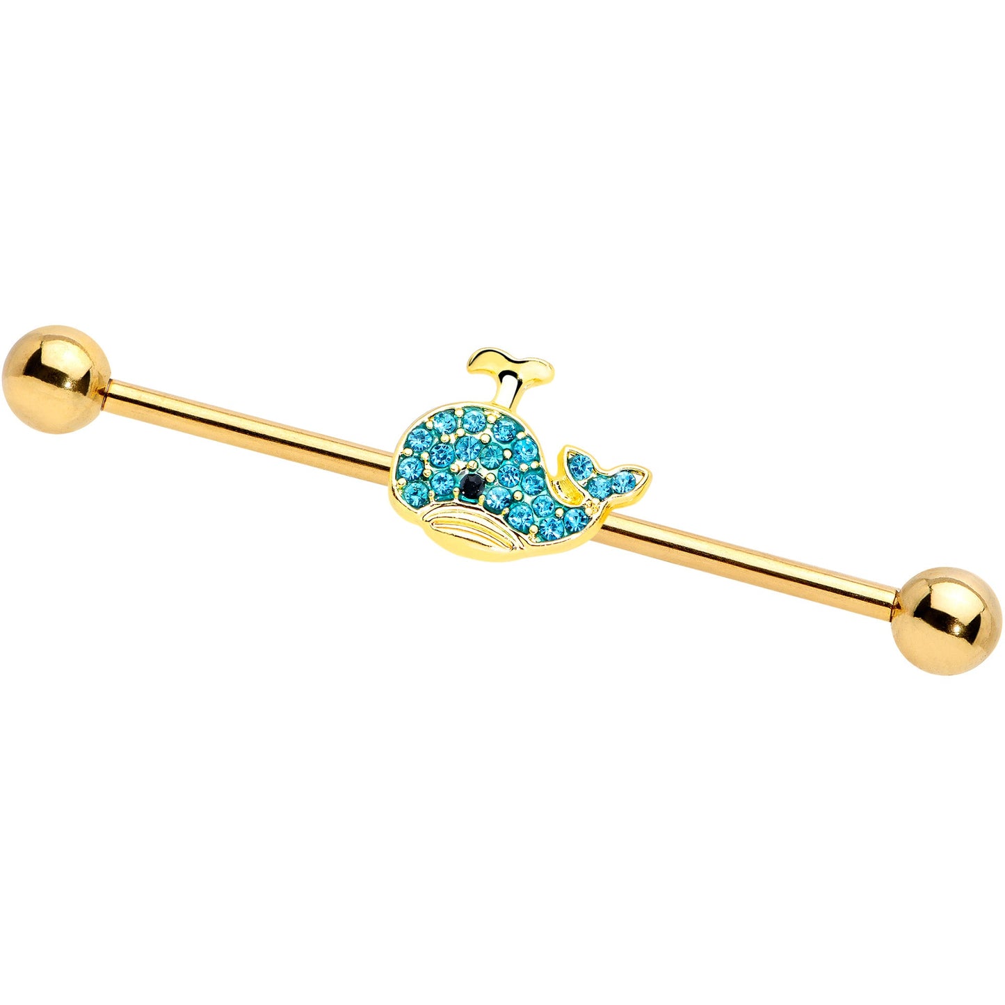 14G Aqua Gem Gold Tone What A Whale Industrial Barbell 38mm