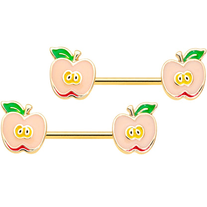 14G 9/16 Gold Tone Sweet Apple Barbell Nipple Ring Set