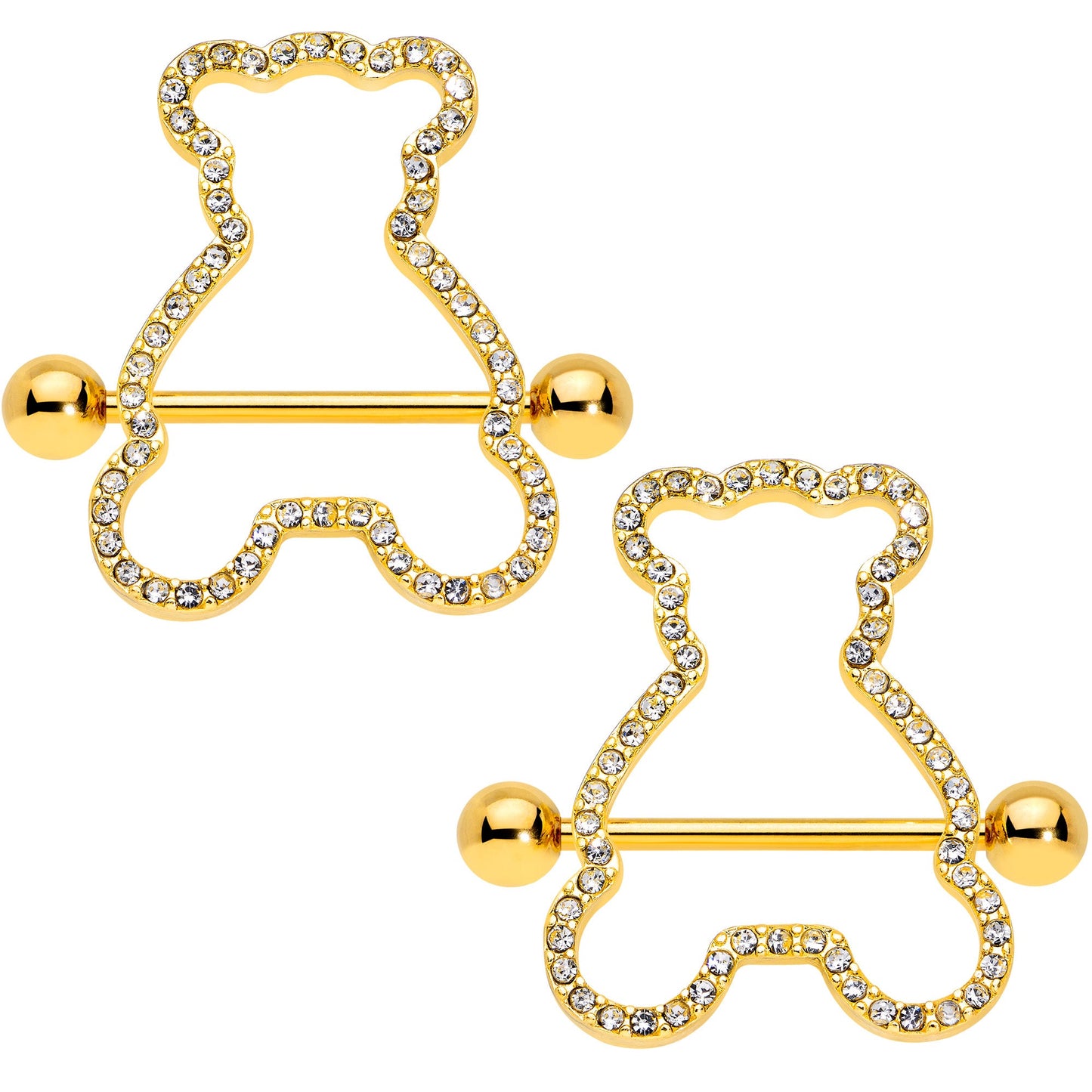 14G 5/8 Clear Gem Gold Tone Teddy Bear Nipple Shield Set