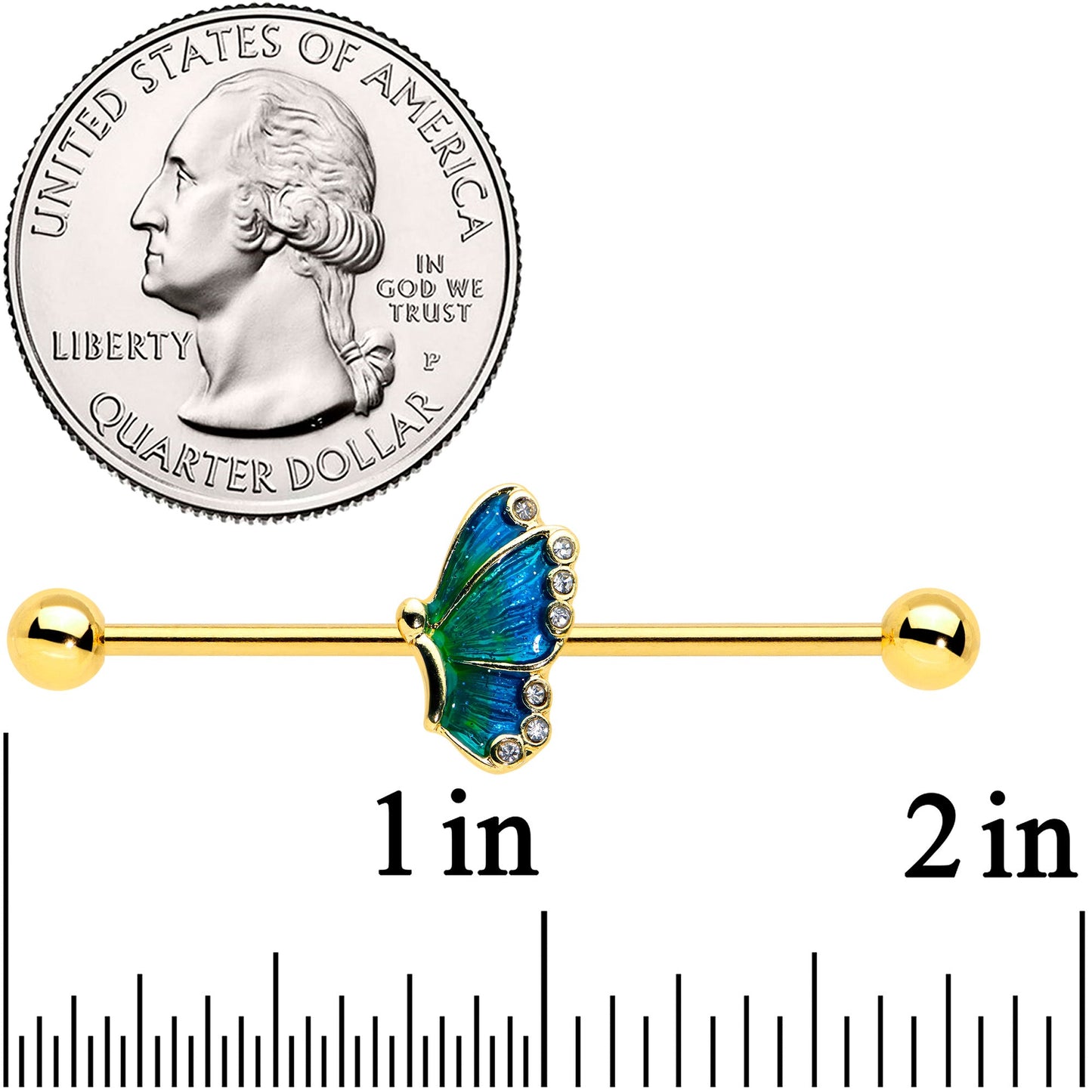 14G Gold Tone Ombre Blue Butterfly Industrial Barbell 38mm