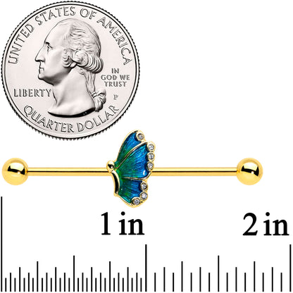 14G Gold Tone Ombre Blue Butterfly Industrial Barbell 38mm