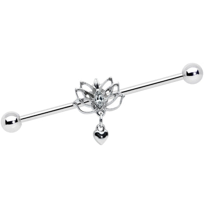14G Clear Gem Lotus Flower Heart Dangle Industrial Barbell 38mm