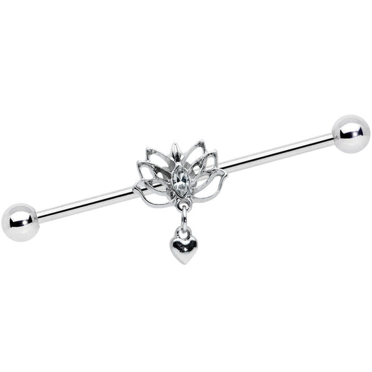 14G Clear Gem Lotus Flower Heart Dangle Industrial Barbell 38mm
