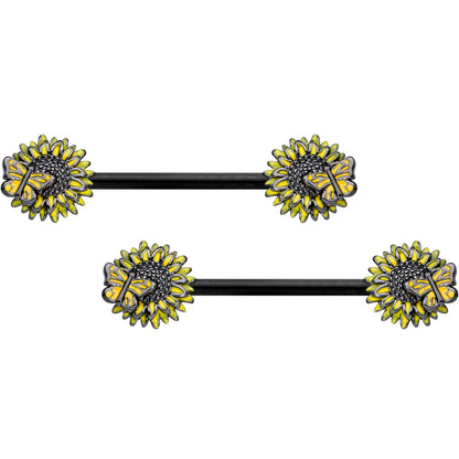 14G 5/8 Black Sunflower Butterfly Barbell Nipple Ring Set