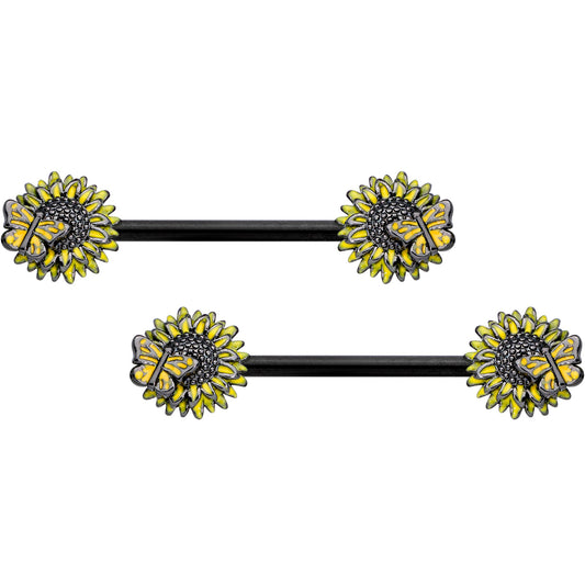 14G 5/8 Black Sunflower Butterfly Barbell Nipple Ring Set