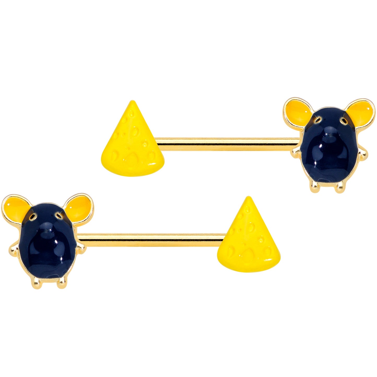 14G 9/16 Gold Tone Black Mouse Cheese Barbell Nipple Ring Set