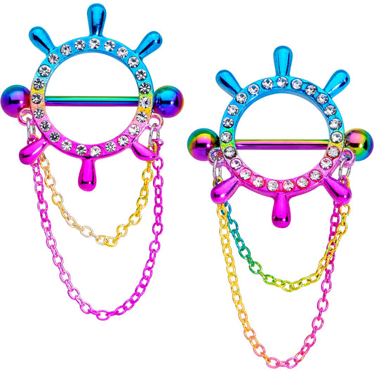 14G 9/16 Clear Gem Rainbow Ships Wheel Chain Dangle Nipple Shield Set